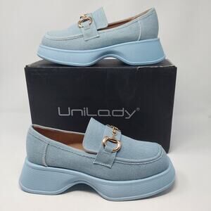 UniLady ROSY-2 Womens 8 Light Denim Blue Platform Loafers Gold Bit Shoes Box